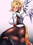  1girl big_ass big_breasts blizzard_entertainment blonde_hair blush clothed_female female_focus female_only from_behind long_hair mercy_(overwatch) nishida_megane overwatch skin_tight solo_female solo_focus 
