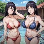 2_girls 2girls alluring big_breasts bikini black_hair cleavage female_only hanabi_hyuga hinata_hyuuga naruto naruto_shippuden sisters swimming_pool