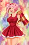 amy_rose animal_ears big_breasts breasts green_eyes hammer human humanized jassycoco mallet piko_piko_hammer pink_hair sega solo sonic_*(series) sonic_the_hedgehog_(series) weapon