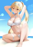  1girl 1girl 1girl alluring alternate_hairstyle arms_behind_head bare_legs beach big_breasts big_breasts big_breasts bikini blonde_hair daive feet female_only high_res legs looking_at_viewer mythra ocean ponytail sitting summer swimsuit thighs water xenoblade_(series) xenoblade_chronicles_2 