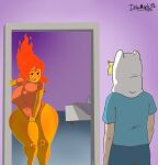  1girl adventure_time bedroom big_ass big_breasts big_breasts cartoon_network curvy dekumerk finn_the_human flame_princess flustered huge_ass huge_breasts male pulling_clothing red_hair thick_thighs voluptuous wide_hips 