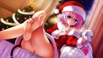 10s 1girl bare_legs bare_shoulders barefoot blush christmas christmas_outfit christmas_tree crossed_legs demon_tail detexted feet female_only finger_to_mouth foot_focus hands hat highres index_finger_raised looking_at_viewer momo_velia_deviluke no_panties official_art official_wallpaper pink_hair purple_eyes sack santa_costume santa_hat short_hair shushing sitting smile soles solo tail thighs third-party_edit to_love-ru to_love-ru_darkness toenails toes wallpaper yabuki_kentarou