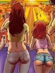 2girls ass brunette hair jean_shorts jeans long_hair multiple_girls redhead short_hair shorts