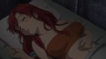 1girl anime arm arms bare_shoulders bed bed_sheet bellows_(suisei_no_gargantia) blush breasts closed_eyes female hair_down long_hair lying midriff navel on_back open_mouth parted_lips pillow red_hair sleeping solo strapless suisei_no_gargantia tubetop