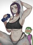  1girl after_workout alternate_breast_size armpit beast_boy big_breasts big_breasts blush breasts curvaceous curvy curvy_body curvy_female curvy_figure dc_comics elijahzx green_body grey_body huge_breasts looking_at_viewer purple_hair raven_(dc) short_hair sweatdrop sweating teen_titans venus_body voluptuous 
