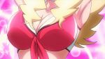1girl animated armpits arms_up big_breasts blonde_hair boobies_uniform bouncing_breasts breast_focus breasts cleavage female gif hair head_out_of_frame honey_(space_dandy) long_hair lowres pov simple_background solo space_dandy