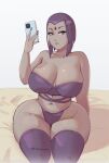  1girl cellphone curvaceous curvy dc_comics dc_comics female_focus female_only grey_skin huge_breasts looking_at_viewer partially_clothed phat_smash purple_hair raven_(dc) short_hair sitting sitting_on_bed superheroine teen_titans thick_thighs underwear voluptuous wide_hips 