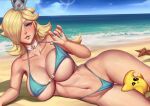  1girl alluring arimatang beach big_breasts bikini bitch blonde blue_eyes breasts caucasian choker cleavage colored_nails crown curvy hair_over_one_eye high_resolution hips huge_breasts laying_on_side legs looking_at_viewer luma mario_(series) micro_bikini navel nintendo non-nude outside parted_lips posing princess_rosalina sexy slut star stomach super_mario_bros. thick_thighs thong toned 