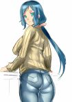  1girl ass breasts denim dodai_shouji gundam gundam_build_fighters iori_rinko jeans large_breasts looking_at_viewer looking_back milf pants pantylines ribbed_sweater rinko_iori simple_background smile solo sweater turtleneck white_background 