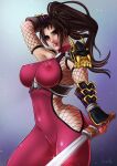  2018 alluring armor big_breasts bodysuit bracer breasts brown_hair downscaled headpiece high_res hot kunoichi luminyu md5_mismatch ninja pauldrons pinup_(style) ponytail resized sexy shoulder_armor soul_calibur sword taki taki_(soulcalibur) voluptuous weapon 
