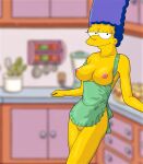  apron ass blue_hair breasts erect_nipples evilweazel_(artist) kitchen marge_simpson naked_apron pubic_hair shaved_pussy smile the_simpsons thighs yellow_skin 