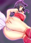  1girl ahri animal_ears ass ass_grab bad_id bare_shoulders black_hair blush boots breasts chiyo_koharu deep_skin female finger_to_mouth fox_ears fox_tail grabbing_own_ass league_of_legends long_hair looking_at_viewer looking_down multiple_tails nipples panties partially_visible_vulva pink_panties raised_eyebrows solo tail thighs tongue underwear 