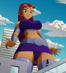  1girl 2_girls ass_visible_through_thighs blackfire breasts city dc_comics female_only from_below giantess looking_down midriff panties ravenravenraven size_difference starfire teen_titans upskirt 