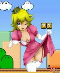  blonde bra breasts dress panties princess_peach stockings underwear 