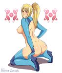  1girl adapted_costume ass blonde_hair blue_eyes blush boots breasts dimples_of_venus doctor_zexxck elbow_gloves female gloves highres kneeling large_breasts long_hair looking_at_viewer looking_back metroid nintendo nipples ponytail revealing_clothes samus_aran solo thigh_boots thighhighs zero_suit 