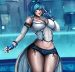  1girl 1girl 1girl abs alluring ass athletic_female big_ass big_breasts big_breasts blue_background blue_eyes blue_hair breasts cleavage clothed coat dead_or_alive dead_or_alive_6 dead_or_alive_xtreme dead_or_alive_xtreme_2 dead_or_alive_xtreme_3 dead_or_alive_xtreme_3_fortune dead_or_alive_xtreme_beach_volleyball dead_or_alive_xtreme_venus_vacation female_abs female_only fit_female flowerxl glasses gloves human looking_at_viewer midriff nico_(doa) ring shorts standing tecmo thick_thighs thumb_ring wide_hips 
