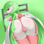 1girl animal anus ass bed big_breasts blanket blurry blush breasts butt cameltoe chest_jewel clothing creatures_(company) depth_of_field dress eyebrows fairy_type_pokemon female furry game_freak gardevoir garter_straps gen_3_pokemon green_hair hair hair_over_one_eye hands legwear looking_at_viewer looking_back nintendo no_mouth panties pillow pixiv_id_3389952 pixiv_manga_sample pointy_ears pokemon pokemon_(anime) pokemon_(creature) pokemon_(game) pokemon_(species) pokemon_firered_and_leafgreen pokemon_frlg pokemon_omega_ruby_&amp;_alpha_sapphire pokemon_oras porkyman presenting psychic_type_pokemon pussy red_eyes sa-najin short_hair simight solo thighhighs thong underwear white_skin