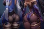  2021 2_girls ass_grab back backboob backless_outfit big_breasts black_hair blue_hair breasts clothed_female detached_sleeves double_ass_focus erect_nipples female_focus female_only fouriasensei ganyu_(genshin_impact) genshin_impact high_res high_res highleg_leotard leotard long_hair long_sleeves medium_breasts mona_(genshin_impact) nipples ponytail purple_leotard reaching_back sheer_legwear sideboob simple_background slim_waist tagme thick_thighs thighs tights twin_tails video_game_character video_game_franchise 