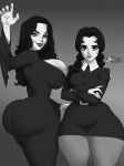1girl 2_girls addams_family ass big_ass big_breasts black_hair breasts cheekbones cleavage crossed_arms curvaceous curvy curvy_figure daughter dress dummy_thick eye_contact female_only greyscale huge_ass huge_breasts jay-marvel large_ass looking_at_viewer milf monochrome morticia_addams mother_&amp;_daughter pantyhose seductive sideboob standing the_addams_family thick_thighs tight_clothing voluptuous wednesday_addams wide_hips