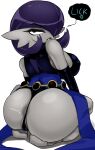  1girl 1girl anthro anthrofied anus ashraely ass big_ass big_breasts breasts clothed clothed_female dat_ass dc_comics elbow_gloves eye_contact gardevoir gloves goth grey_skin large_ass latex latex_gloves looking_at_viewer looking_pleasured nintendo partially_visible_anus pokemon pokemon_rse purple_hair raven_(dc) raven_gardevoir_(ashraely) speech_bubble teen_titans text thick_ass white_background 