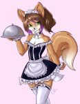  brown_hair canine clothing crossdressing furry gay girly green_eyes hair looking_at_viewer maid maid_headdress maid_uniform male necklace raised_arm raised_tail sky solo standing stockings tail trap tray unicornblue walking wolf 