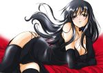  1_girl arm arm_support art ayakaze_ryuushou bare_shoulders bed big_breasts black_dress black_eyes black_hair black_thighhighs breasts chin_rest cleavage dress elbow_gloves female gloves head_rest legs lips long_hair looking_at_viewer lying on_side parted_lips side_slit solo stockings strapless strapless_dress wavy_hair 