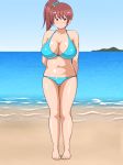  1girl banefan beach bikini breasts cleavage female large_breasts long_hair midriff ocean original pink_hair pixiv_manga_sample red_eyes solo swimsuit 