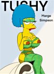  ass big_breasts blue_hair bra erect_nipples marge_simpson stockings the_simpsons thighs yellow_skin 