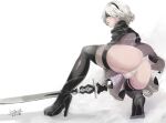  1girl 1girl 2016 android ass blindfold butcha-u dat_ass eroquis female_focus female_only nier nier:_automata panties short_hair solo_female solo_focus stockings sword tagme video_game_character video_game_franchise weapon white_hair yorha_2b 
