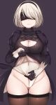 1girl android big_breasts blindfold blindfolded blush breasts cameltoe cleavage_cutout female_focus female_only hairband leotard mapar navel nier nier:_automata pubic_hair pussy short_hair smile solo_female solo_focus stockings thick_thighs thighs video_game_character video_game_franchise white_hair yorha_2b yorha_no._2_type_b