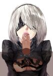 1boy 1girl big_breasts blindfold breasts censored cum cum_on_hair facial fellatio hews_hack male male/female nier nier:_automata oral penis pov short_hair solo_focus video_game_character video_game_franchise white_hair yorha_2b yorha_no._2_type_b