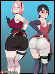  2_girls ass_focus bandaged_leg boruto:_naruto_next_generations cameltoe comparison embarrassed excited female_only green_eyes high_resolution lifted_by_self looking_at_viewer medium_breasts mother_&amp;_daughter naruto naruto_(series) naruto_shippuden naughty_face non-nude posing presenting_ass sakura_haruno sarada_uchiha small_breasts studio_oppai 