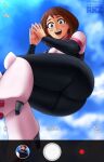 1girl akazai ass big_ass big_breasts bodysuit boots breasts brown_eyes brown_hair clothed_female eye_contact female_focus female_only hero_outfit_(mha) high_res looking_at_viewer looking_down my_hero_academia ochako_uraraka short_hair skin_tight solo_female solo_focus tagme teen thick_thighs tight_clothing