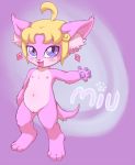  2012 blonde_hair blue_eyes blush cat cub ear_piercing feline female flat_chested furry hair looking_at_viewer miu_(stretchycubs) nipples nude open_mouth piercing pink_fur pussy solo stretchycubs text young 