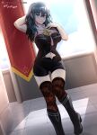  1girl absurd_res alluring armor big_breasts black_shorts blue_eyes blush boots breasts byleth_(fire_emblem) byleth_(fire_emblem)_(female) fire_emblem fire_emblem:_three_houses gluteal_fold high_res hocen legs long_hair looking_at_viewer navel nintendo short_shorts short_sleeves shorts smile standing stockings teal_hair thighs vilde_loh_hocen 