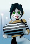  animated beret black_hair bouncing_breasts gif huge_breasts loop lyn_nyl lyn_nyl_madeline makeup massive_breasts mime original outside striped stripes upper_body 