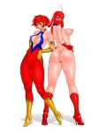 2_girls 2girls big_breasts blue_eyes boots breasts cameltoe cleavage crossover cutie_honey cutie_honey_(character) kekko_kamen_(character) kekko_kamen_(series) kneehighs leotard mask multiple_girls nipples nude nude_female nunchaku red_boots red_eyes scarf tights touei uncensored zen_and_retro