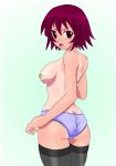  ass azumanga_daioh azumanga_daiou bandaid bandaids_on_nipples blush breasts cowboy_shot from_behind gradient_background green_background kagura looking_at_viewer looking_back one-piece_tan panties pasties red_hair short_hair simple_background solo tan tanline thighhighs underwear 