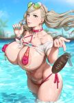  1girl 1girl 2022 ann_takamaki areola atlus bikini blonde_hair blue_eyes body_markings body_writing breasts erect_nipples female_focus female_only hips huge_breasts kunaboto large_areolae long_hair massive_breasts nipples outside persona persona_5 pool pubic_hair puffy_nipples revealing_clothes sega solo_female solo_focus sunglasses sunglasses_on_head swimsuit tattoo teen thick_thighs thighs twin_tails venus_body video_game_character video_game_franchise water wet wet_body wide_hips 