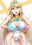  1girl alluring arms_up bangs bare_shoulders blonde_hair breasts cleavage cleavage_cutout competition_swimsuit covered_navel earrings gem hair_ornament huge_breasts jewelry long_hair looking_at_viewer mythra one-piece_swimsuit open_mouth sitting swept_bangs swimsuit thigh_gap thighs very_long_hair wet xenoblade xenoblade_chronicles_2 yellow_eyes 