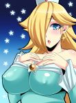  1girl bare_shoulders blonde_hair blue_eyes breast_suppress breasts cleavage dress earrings erect_nipples hair_over_one_eye jewelry large_breasts long_hair looking_at_viewer megane_man nipple_bulge open_mouth parted_lips princess_rosalina star super_mario_bros. symbol-shaped_pupils upper_body 