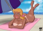 alternate_skin_color ass barefoot beach_towel beach_umbrella bikini_tan blackwashed blue_eyes cinderella cloud completely_nude_female covered_breasts covered_nipples dark-skinned_female disney female_focus female_only hair_bow insanely_hot legs_up looking_at_viewer lying_on_stomach pale_breasts princess_cinderella sand sea sky smile soles swimsuit_tan tan_line tanned_skin teeth the_pose toes
