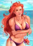  arms_under_breasts big_breasts bikini cleavage dc_comics dc_comics green_eyes long_hair looking_at_viewer nongning109 partially_submerged purple_bikini purple_swimsuit red_hair smile standing_in_water starfire swimsuit tamaranean teen_titans wading water 