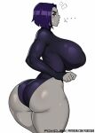 1girl ass big_ass big_breasts blush breasts dat_ass dc_comics demon_girl forehead_jewel foxicube grey_skin huge_breasts large_ass leotard looking_at_viewer looking_back nipple_bulge pale-skinned_female pale_skin purple_hair rachel_roth raven_(dc) sweatdrop teen_titans thick_thighs