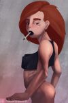  ass bottomless cigarette dark_lips devanpatterns green_eyes half-closed_eyes hentai kim_possible kimberly_ann_possible lipstick mole mole_under_eye muscle painted_nails pin-up red_hair redhead smoking tank_top 