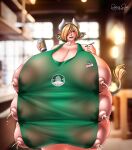 apron blonde_hair cow_ears cow_girl cow_horns earrings embarrassed extra_breasts gigantic_ass gigantic_breasts green_apron green_eyes horns hourglass_figure iced_latte_with_breast_milk lactation milf onion-oni_(artist) original_character sexy sexy_ass sexy_body sexy_breasts starbucks_breastmilk_meme surprised