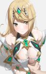 1boy 1girl alluring bangs bare_shoulders big_breasts blonde_hair blush chest_jewel cleavage cleavage_cutout clothing_cutout cum cum_on_body cum_on_breasts dress earrings elbow_gloves gem gloves headpiece high_res jewelry kaminari_doon_(artist) kneel long_hair looking_at_viewer masturbation mythra nintendo penis short_dress straight swept_bangs tiara white_dress white_gloves xenoblade_(series) xenoblade_chronicles_2 yellow_eyes