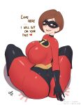  1girl 1girl 1girl ass big_ass big_ass big_breasts black_gloves blush bob_cut bodysuit breasts brown_eyebrows brown_eyes brown_hair clothed_female crowgod curvy dat_ass disney elastigirl eye_mask gloves helen_parr huge_breasts looking_at_viewer looking_back pixar short_hair skin_tight skintight_bodysuit smile solo_female superheroine tagme text the_incredibles white_background 