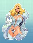  1girl 1girl 1girl big_breasts blonde_hair blue_eyes cleavage clothed_female comic_book_character emma_frost female_focus female_only high_res high_resolution lips long_hair looking_at_viewer marvel marvel_comics mature mature_female mutant_(marvel) polka_dot_background reiq shiny shiny_skin solo_female solo_focus superheroine tagme x-men 