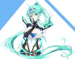  1girl 1girl 1girl absurdly_long_hair alluring bangs big_breasts blush cleavage daive earrings eyebrows_visible_through_hair gloves gluteal_fold green_eyes green_hair high_res jewelry long_hair looking_at_viewer nintendo pneuma pneuma_(xenoblade) ponytail simple_background smile swept_bangs tiara v very_long_hair white_background xenoblade_(series) xenoblade_chronicles_2 